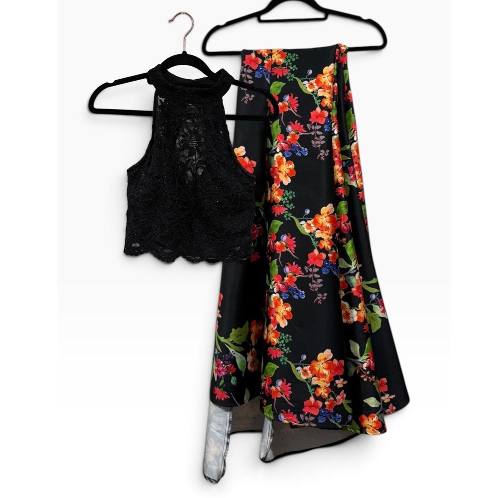 City Studio Womens S Black Lace Crop Top Floral Maxi Skirt 2 Piece Formal Set